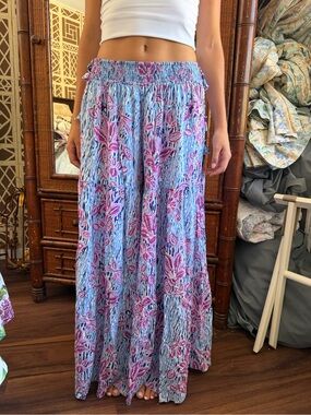 Boho Floral Tiered flowy pants - Blue & Pink